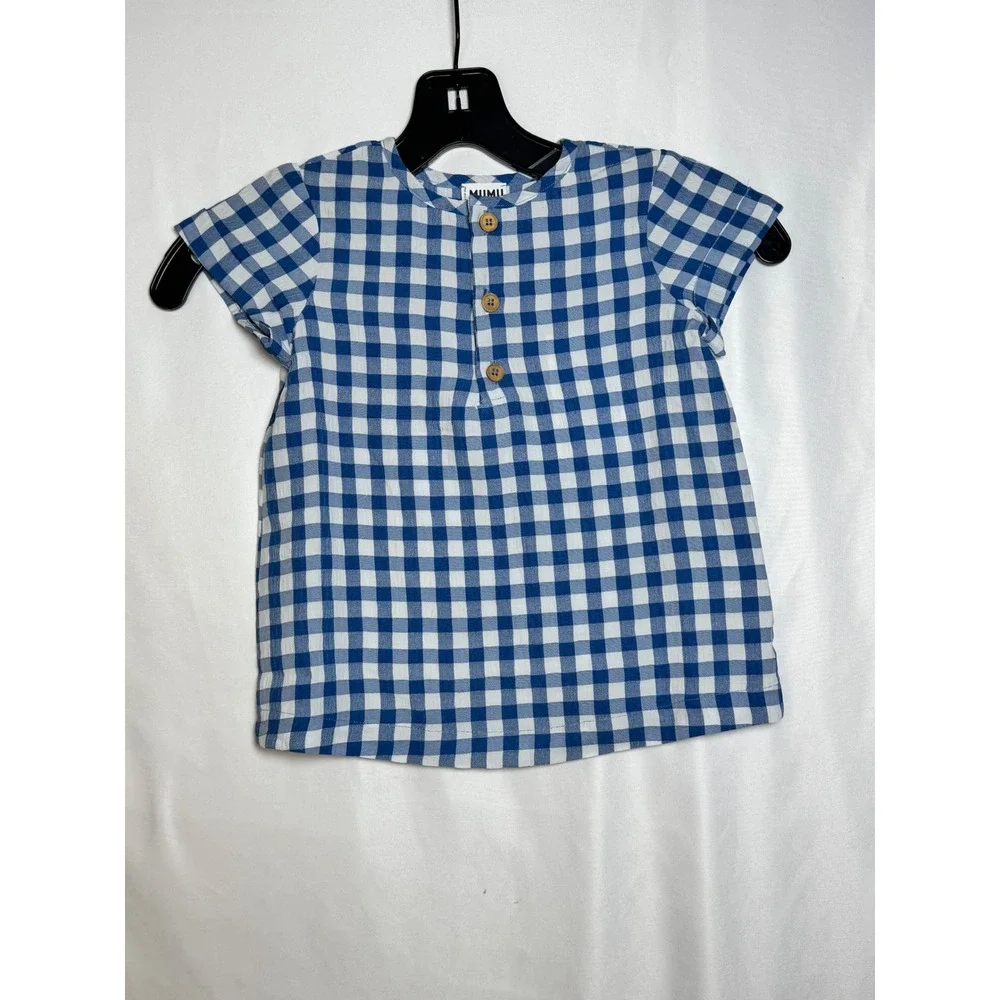 Mumu Mini Tate‎ Shirt Boys 2T Blue White Gingham Henley Short Sleeve